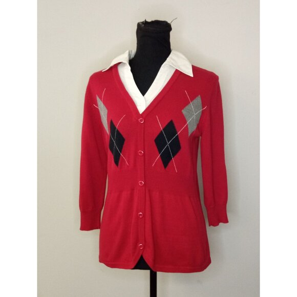 Kim Rogers V-Neck Red Black Faux Cardigan Top Size Petite Medium - Picture 1 of 5